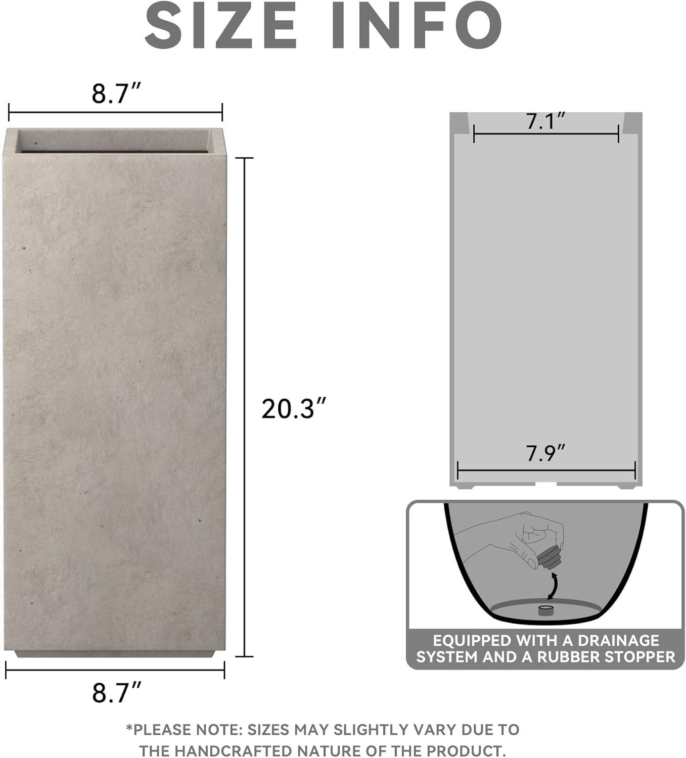 Kante 20.3" H Tall Rectangular Concrete Planter, Modern Square Diameter Plant Pot with Drainage Hole and Rubber Plug for Indoor Outdoor Home Patio Garden, Weatheted Concrete