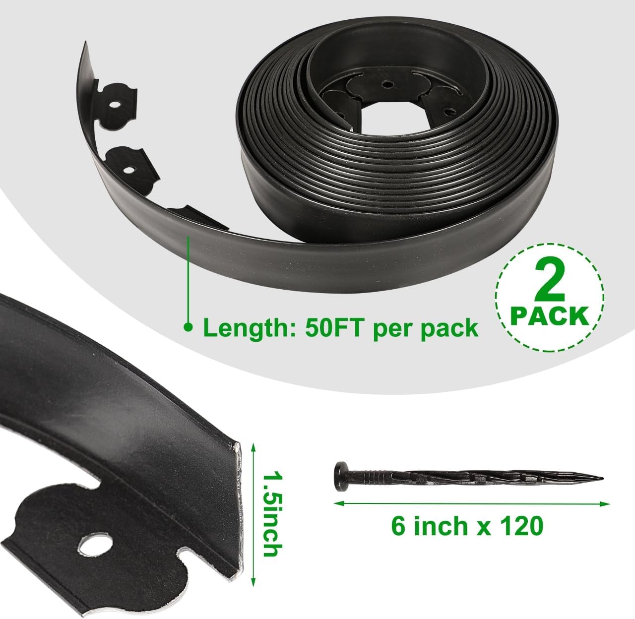 1.5 Inch Garden Edging Border 100FT, Plastic Edging for Landscaping with 90pcs Spikes