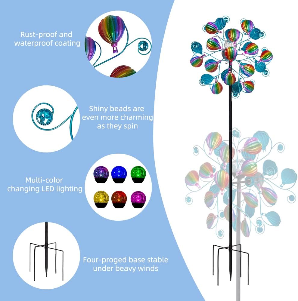 Solar Wind Spinners Outdoor,Hot Air Balloon Wind Spinner with LED Glass Ball,Muti-color Wind Spinners for Yard and Garden,Pinwheels Kinetic Wind Spinner,Wind Sculptures & Spinners for Pathway