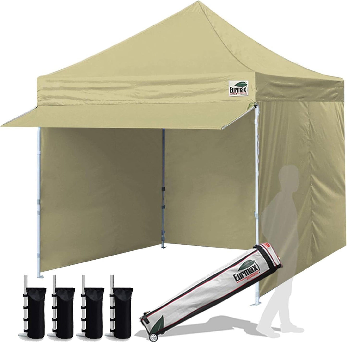 Eurmax USA 10 x 10 Pop up Canopy Commercial Tent Outdoor Party Canopies with 4 Removable Zippered Sidewalls and Roller Bag Bonus 4 Canopy Sand Bags & 24 Squre Ft Extended Awning (Beige)