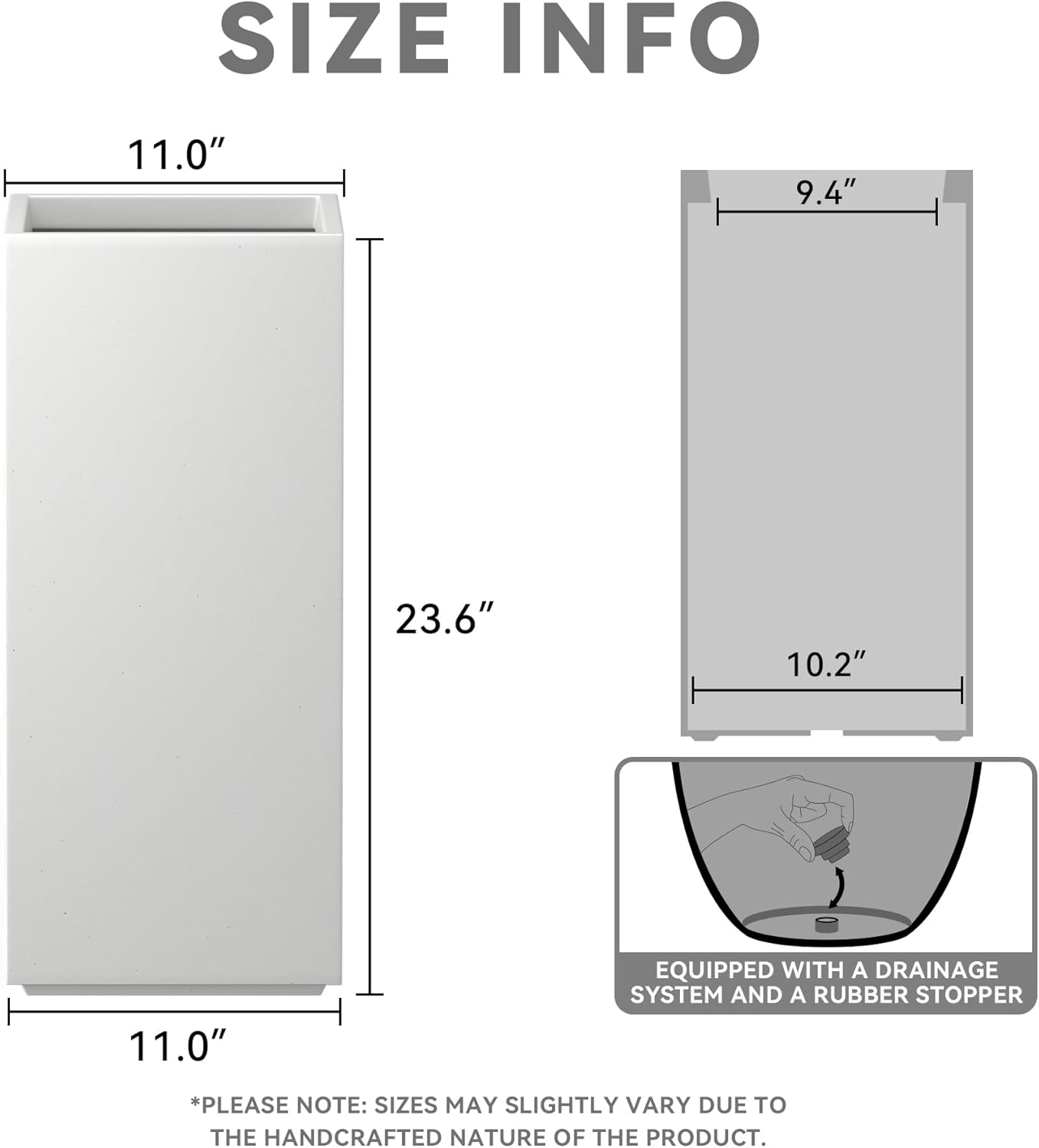 Kante 23.6" H Tall Rectangular Concrete Planter, Modern Square Diameter Plant Pot with Drainage Hole and Rubber Plug for Indoor Outdoor Home Patio Garden, Pure White