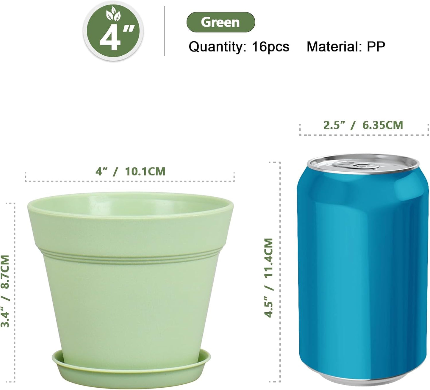4 inch Small Plastic Nursery Pots, 16 Pack Plant Pots for Indoor Outdoor Plants, Flower Pots with Drainage Holes and Saucers, Decorative Seedling Starter Planters for House Plants, Green