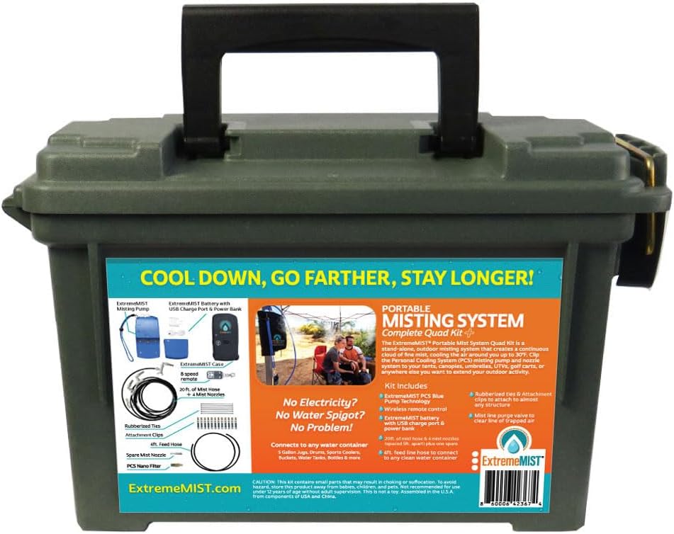 ExtremeMIST Professional Grade Portable Misting System PLUS - 4 Mist Nozzles | Easy Setup | 20 ft Portable Misting Line w/ 170 psi battery operated pump | Cools the air up to 30°F (17°C)! Easy to Move
