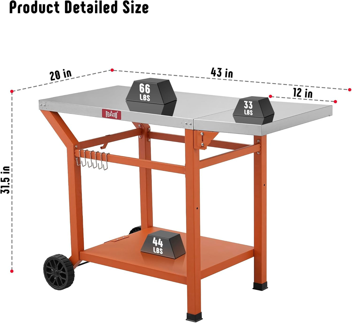 Outdoor Grill Table, 40’’x20’’ Movable Pizza Oven Stand for Outdoor BBQ Food Prep, Stainless Steel Countertop Grill Cart with Storage Shelf & Foldable Extension Table, 6 Extra Hooks