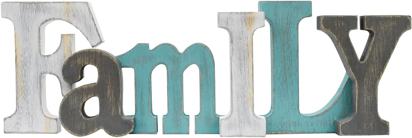 E-view Wooden Letters Sign Decorative Wood Block Signs Freestanding Word Cutout Distressed Teal Sign for Shelf Table Mantle Hanging Ornament Rustic Home Decor (Family)