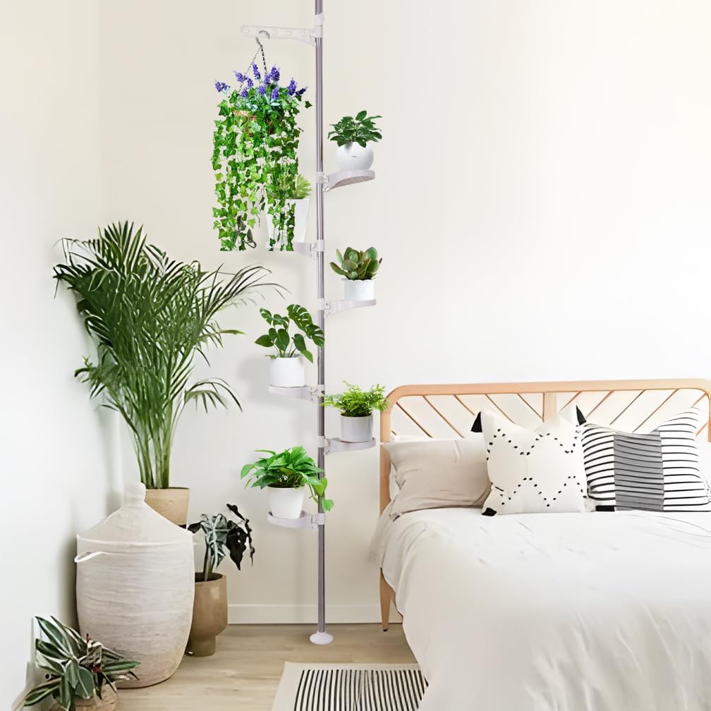 Hershii 7-Layer Tension Pole Plant Stand Indoor Decorative Display Rack Stands for Flower Pots Floor to Ceiling Adjustable Hanging Corner Shelf