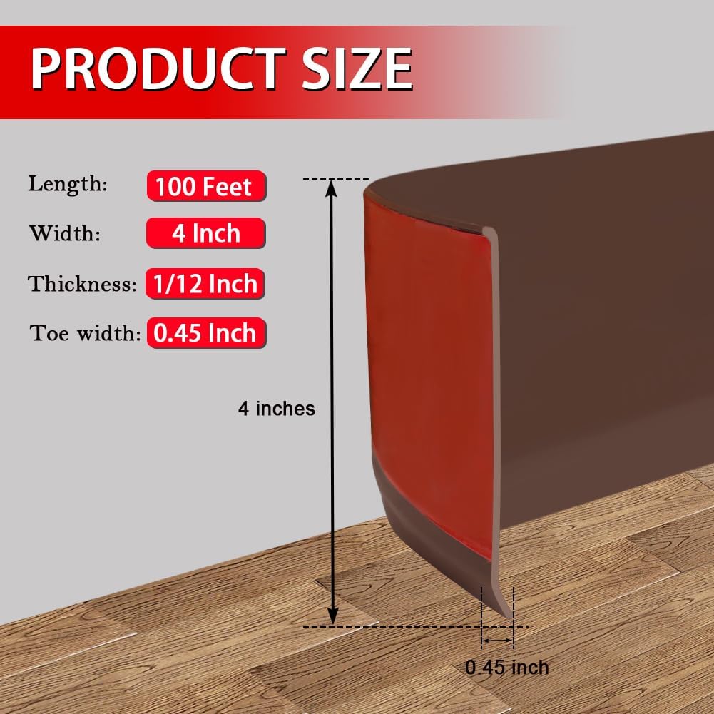 FONUNO Vinyl Wall Base Baseboard Molding Trim 4" Flexible Self Adhesive Rubber Wall Base Moulding Trim Peel and Stick Design, 4 Inch x 100 Feet, Brown