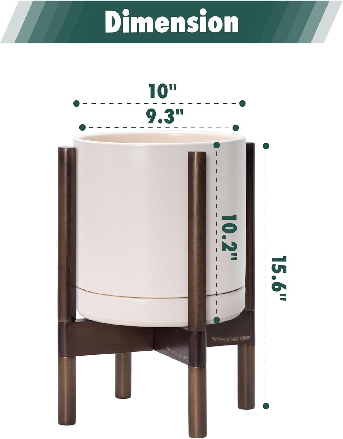 D'vine Dev Ceramic Planter with Walnut Color Stand - 10 Inch Modern Round Flower Pot with Wood Planter Holder, Oatmeal, 55-B-X-8