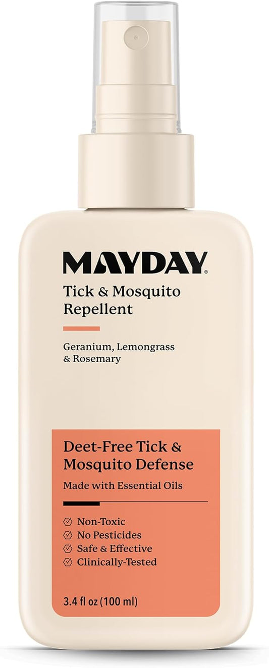 Mayday Tick & Mosquito Repellent – Deet-Free with Essential Oils – Geranium, Lemongrass & Rosemary – 3.4 oz (100 ml) – Non-Toxic, No Pesticides, Safe & Effective – Mosquito and Tick Repellent