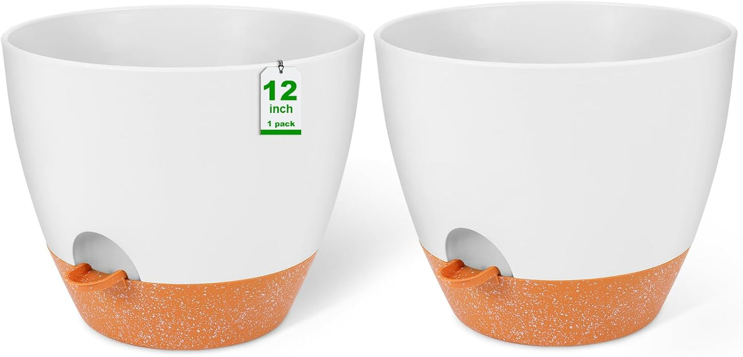 GARDIFE 12 inch planters, Plant Pots,Self Watering Pots, 2 Pack Large Plastic Flower pots with Deep Reservior and High Drainage Holes for Indoor Outdoor Plants and Flowers, White