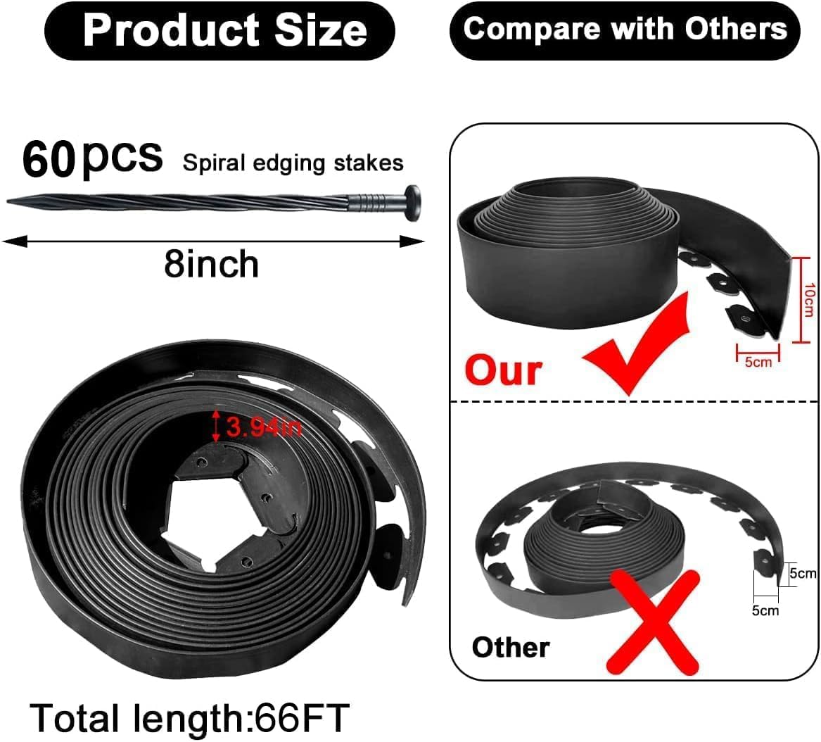 Garden Edging Borders 66FT,Landscape Edging Black[Extra Tall 4IN High] with 60pcs Stakes,Lawn Edging Flexible Garden Border Mini Plastic Fence for Flower Bed Landscaping