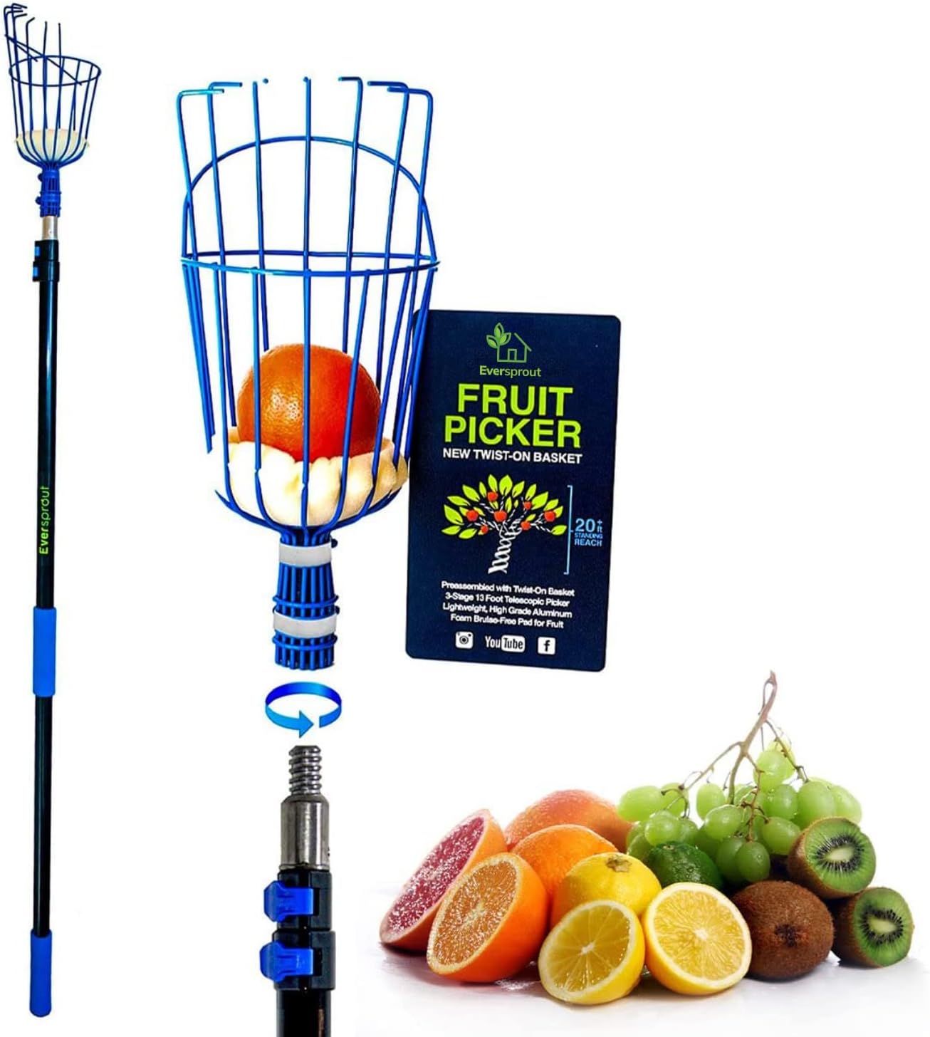 EVERSPROUT 4.5-to-12ft Durable Fruit Picker with 20+ Foot Reach – Telescoping Fruit Picker Pole, Lightweight Twist-On Fruit Picking Tool with Basket, Aluminium Extension Pole for Tree Fruit Harvesting