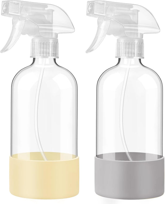 JohnBee Glass Spray Bottles with Silicone Sleeve, 2 Pack16 oz Empty Refillable Containers with Adjustable Spray Nozzles, Spray Bottles for Hair, Cleaning Solutions and Plants Pale Yellow&Grey