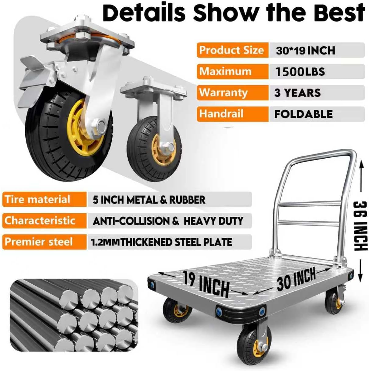 Heavy Duty Platform Truck Flat Moving Cart Hand Trucks, 1500Lbs Steel Push Cart Dolly, 30 x 19in Large Flatbed with 4'' 360 Degree Swivel Wheels for Easy Storage