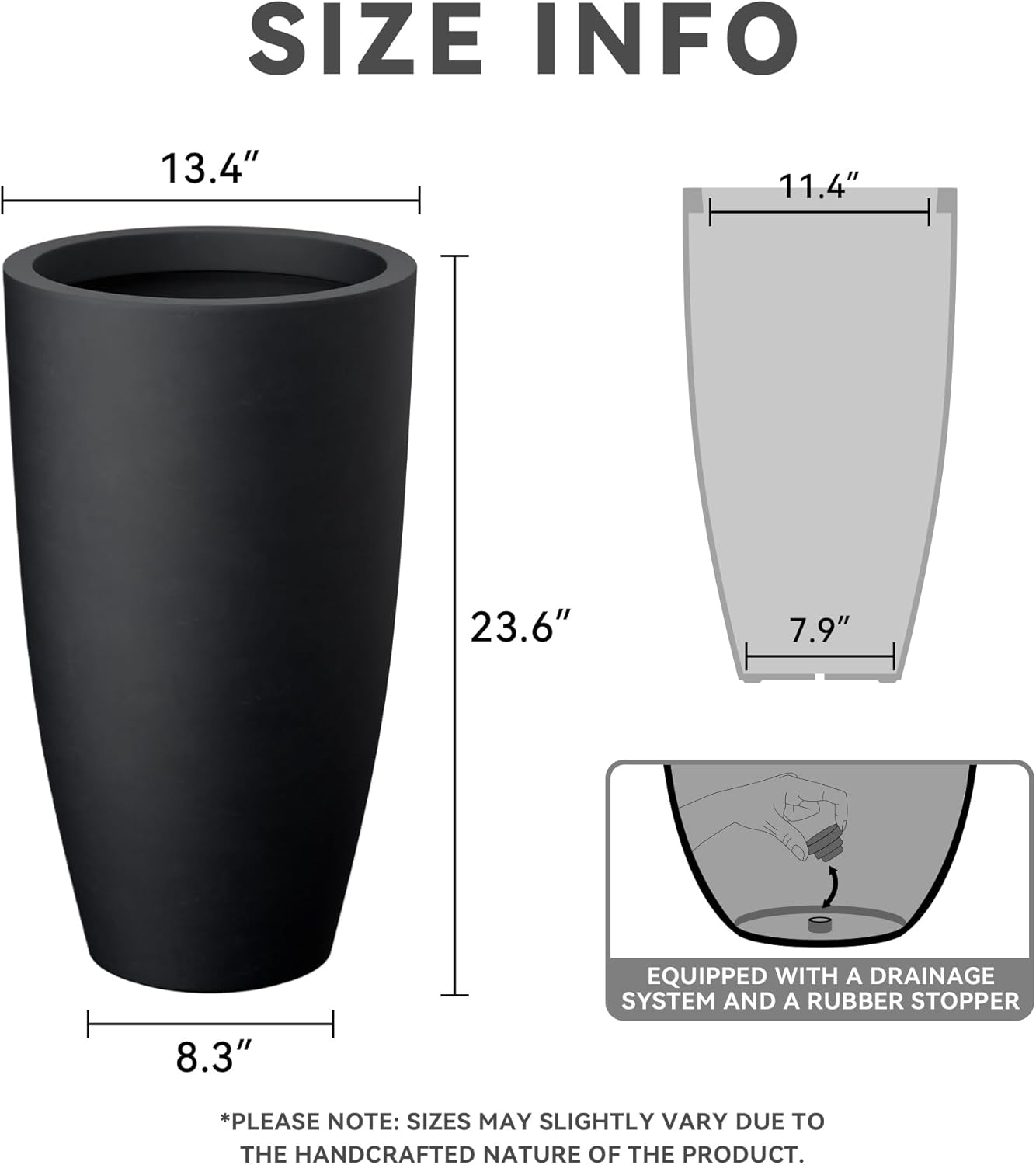 Kante 23.6" H Black Tall Planters (Set of 2), Large Outdoor Indoor Decorative Plant Pots with Drainage Hole and Rubber Plug, Modern Style for Home and Garden