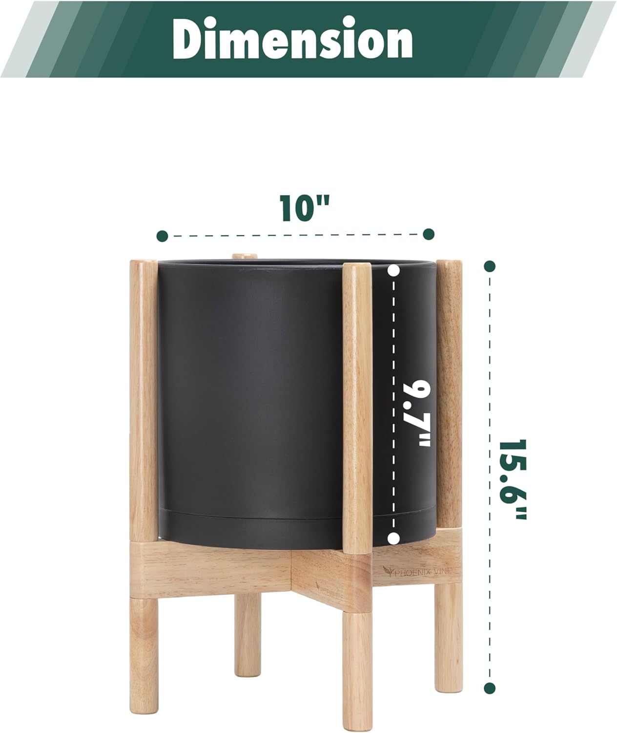 D'vine Dev Planter Pot with Stand - 10 Inch Plastic Cylinder Flower Pot with Wood Planter Holder for Indoor, Matte Black Pot + Natural Stand, 55-C-M-2