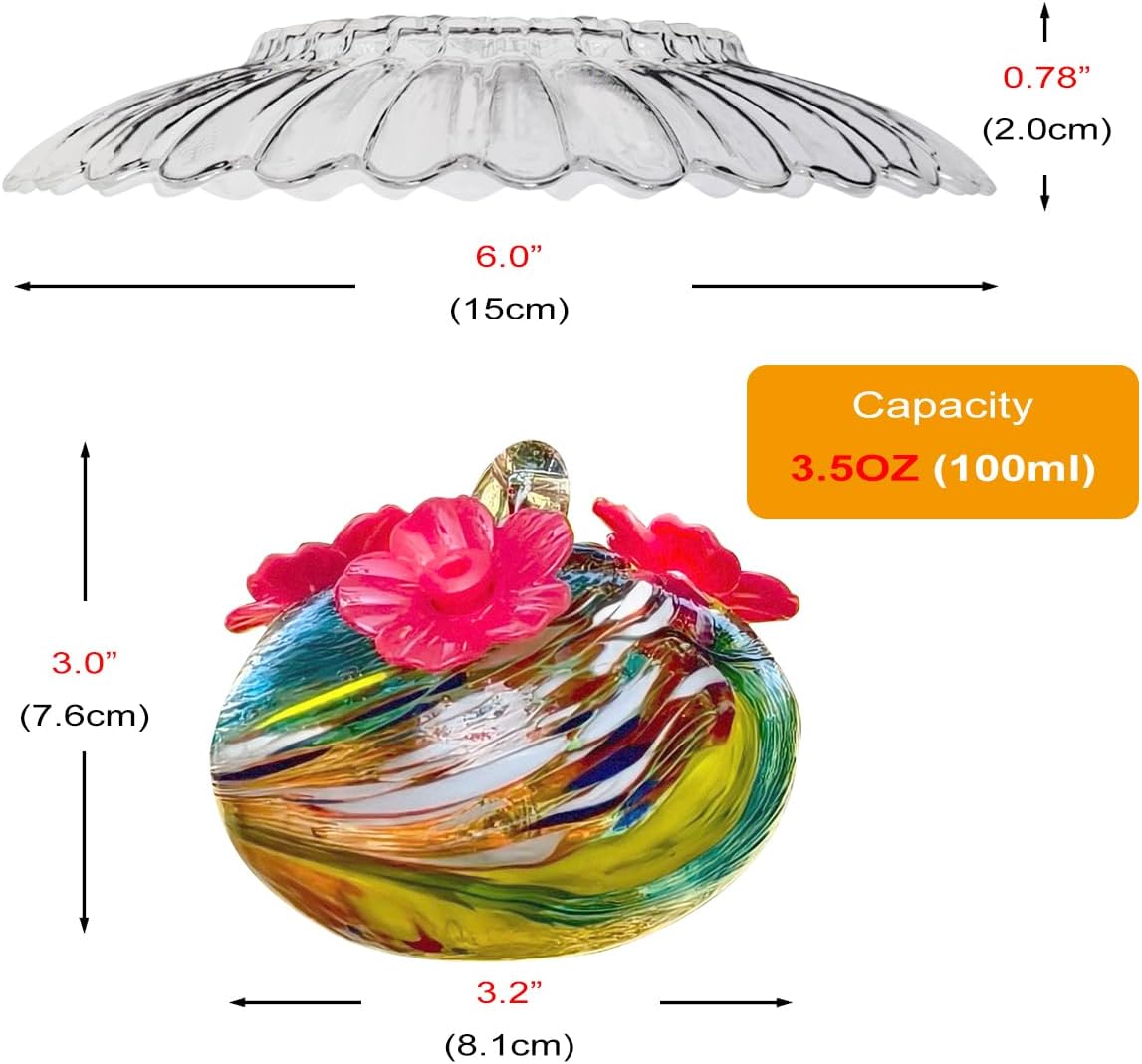Small Glass Hummingbird Feeders for Outdoors Hanging - Hand Blown Glass Ball Nectar Feeding + Rain Cover, Multi Color with 3 Flowers Feeding Ports, Decor for Garden/Backyard Outside
