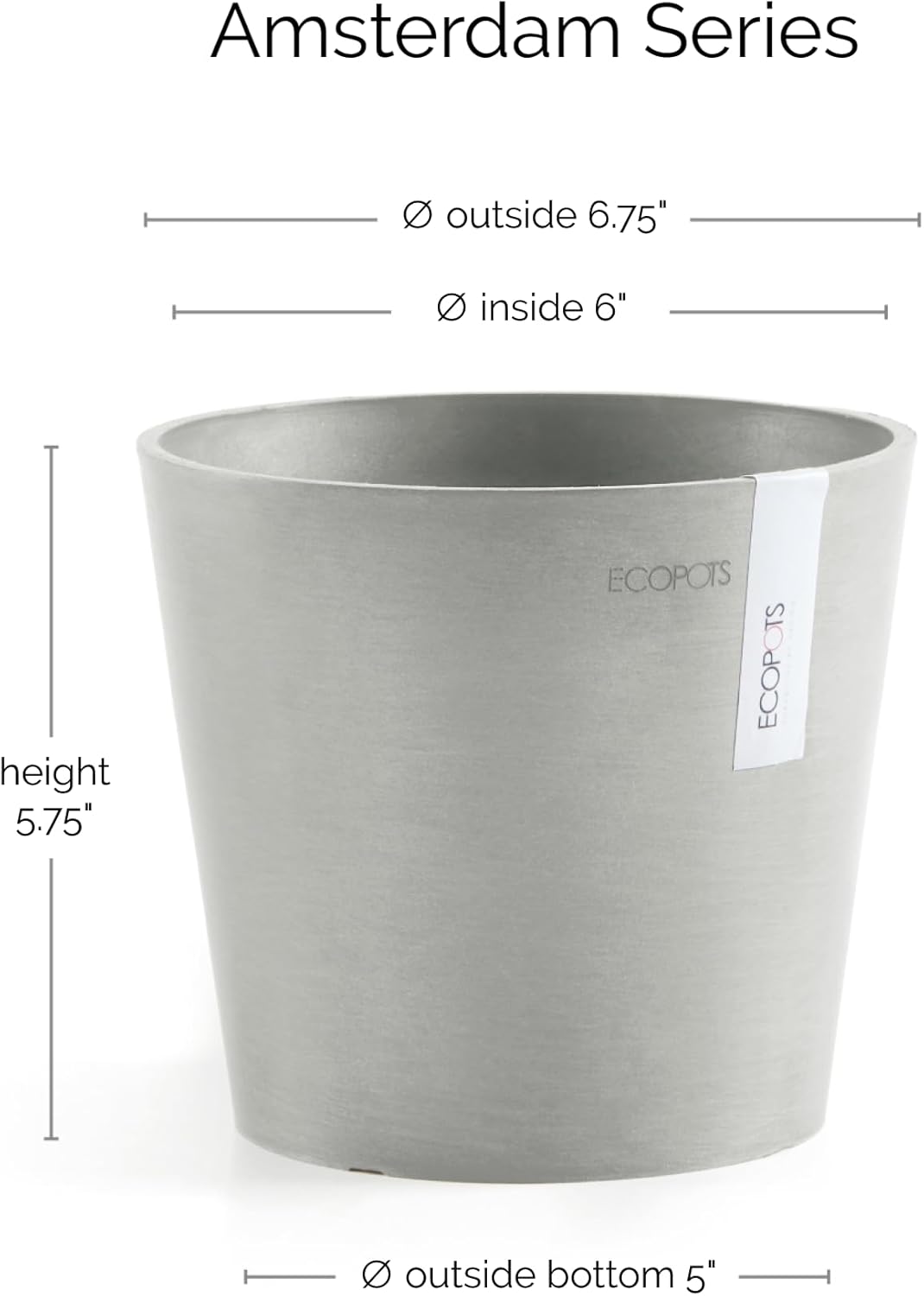 Ecopots Amsterdam Mini Durable Modern Round Recycled-Based Composite Flower Pot Planter, White Grey, 7"