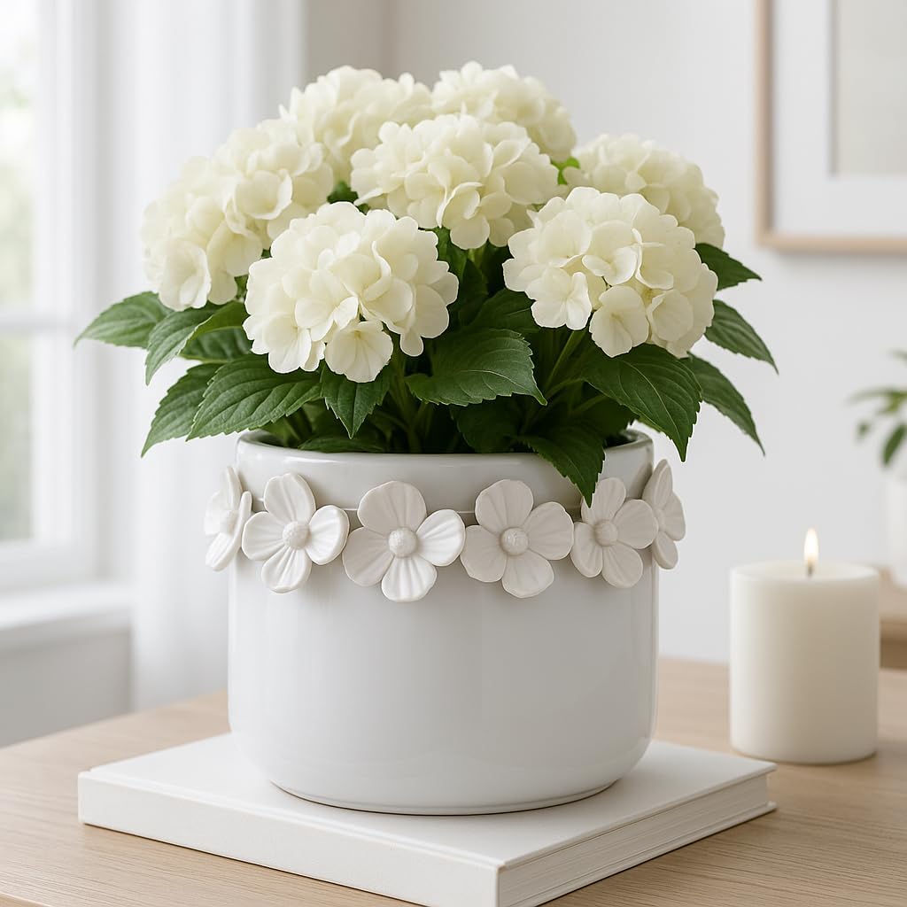 Decorative Flower Pot for Home Decor – Ceramic Indoor or Outdoor Planter with Sculpted Floral Rim for Succulents or Houseplants – Pot for Plants Perfect for Garden, Patio, or Room Decor – 5" White