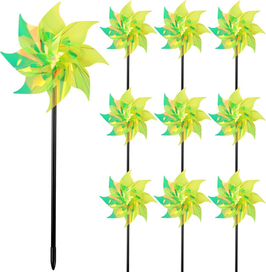 Hausse 10 Pack Reflective Pinwheels Wind Spinner, Extra Sparkly Pinwheel with Stakes, Bird Repellent Blinder Devices Deterrent to Scare Birds Away from Yard Patio Farm Garden, Transparent Yellow