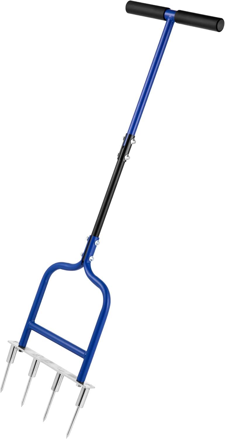 Spike Tine Fork Lawn Aerator - Four 5.2'' Stainless Steel Spikes Manual Gardening Hand Tool - Grass Dethatcher Aerator Lawn Tool with Solid Tines for Compacted Soil - Lawn Plugger Aerator