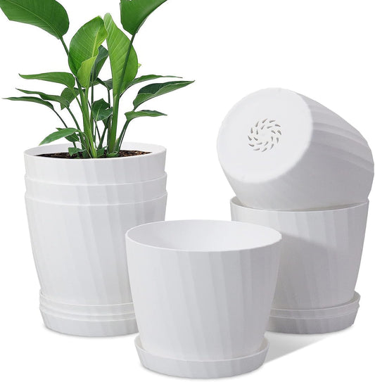 7 Inch Plant Pots Bulk, 6 Pack Plastic Planters with Drainage Holes and Saucers for Indoor Outdoor House Plants and Flowers, White