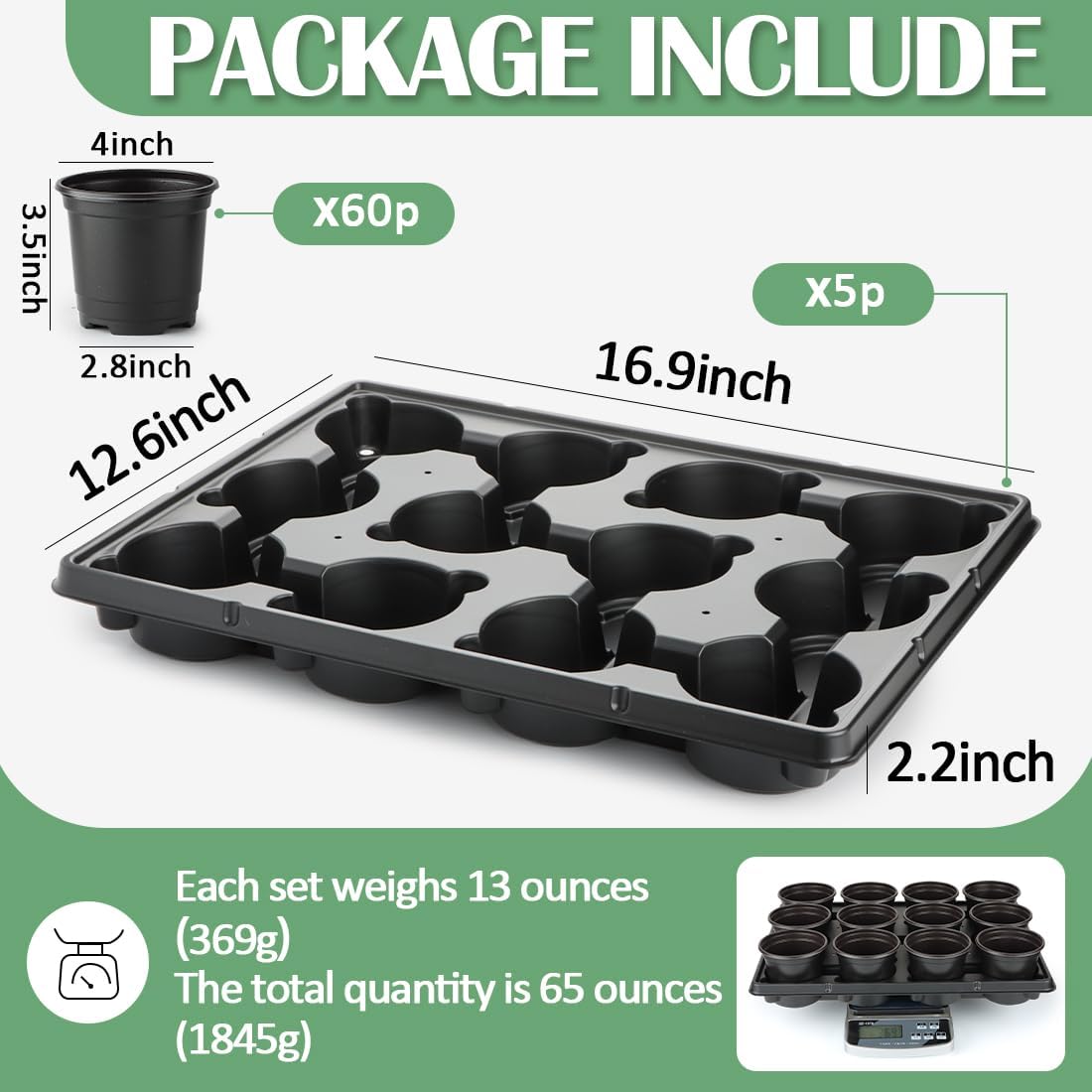 4 Inch Plastic Plant Pots 60 Pcs and 12 Cell Nursery Pots Trays 5 Pcs, Thick Sturdy Seeds Starting Germination Shuttle Carrying Trays, Black Small Planter Nursery Propagation 5 Sets