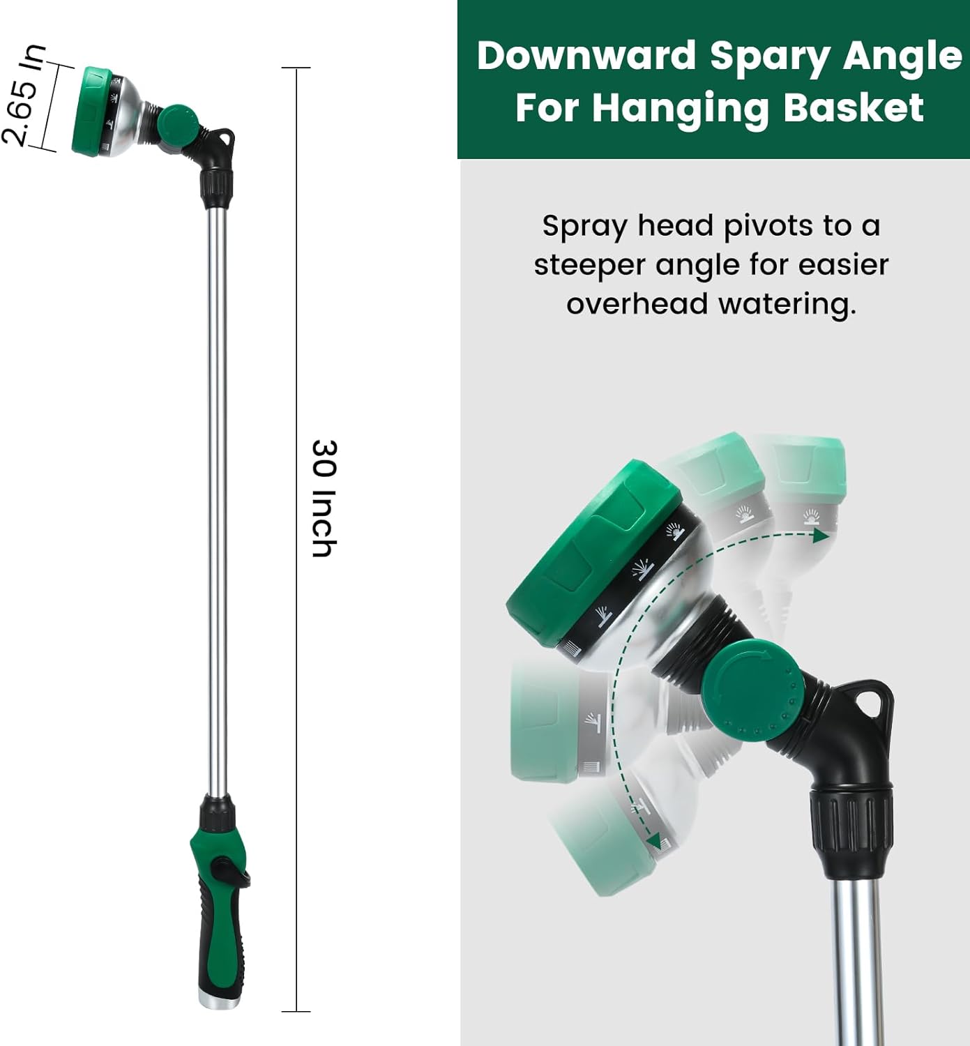 Watering Wand for Garden Hose, 30 Inch, 10 Spray Patterns, Thumb Control Garden Hose Nozzle, Adjustable Water Sprayer with Pivoting Head, Ideal for Hanging Baskets, Plants, and Shrubs, Green