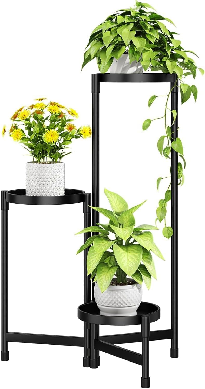 3-Tier Foldable Plant Stand, Corner Display Shelf for Multiple Plants, Indoor Outdoor Rack, Black