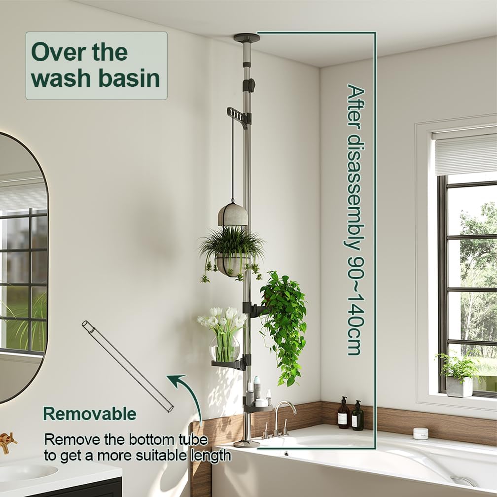 Hershii 5-Layer Indoor Plant Stand Pole Spring Tension Rod Corner Flower Display Rack Holder Adjustable Telescopic Floor to Ceiling Shelf Space Saving - Grey