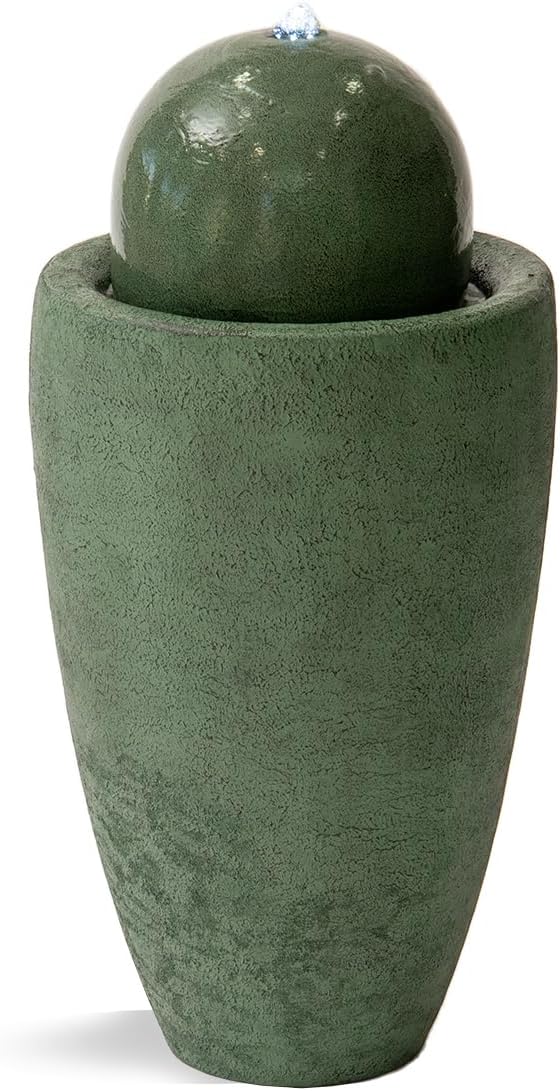 XBrand 25.98" H Round Stone Indoor/Outdoor Modern Stone Textured Sphere Water Fountain w/LED Lights, Ball Fountain Decor, Green