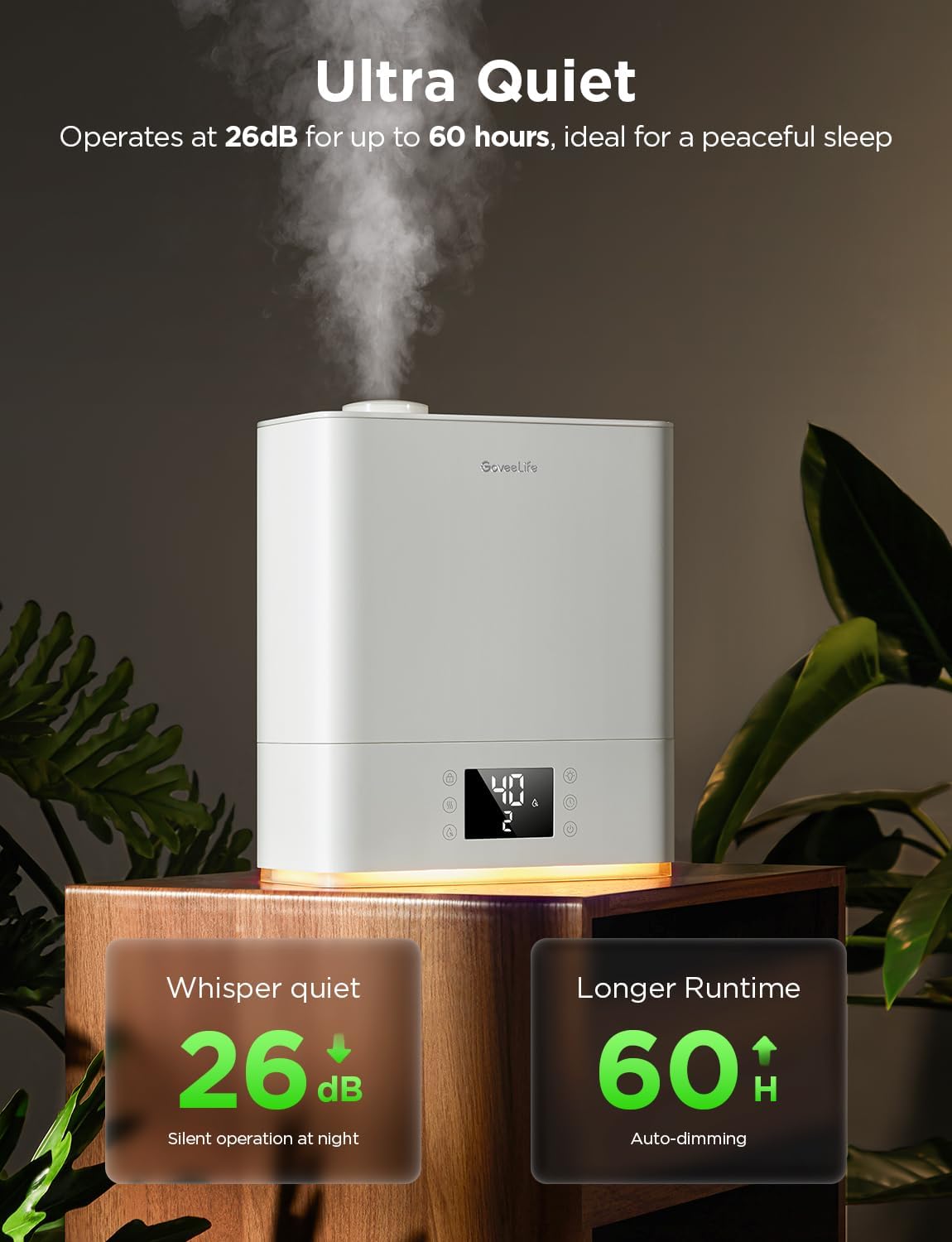 GoveeLife Smart Humidifiers for Bedroom Large Room, Top-Fill Cool Mist 6L WiFi Air Humidifier, Auto Mode, App & Voice Control, 60H Runtime, Rapid Humidification, RGB Nightlight Baby Plants, White