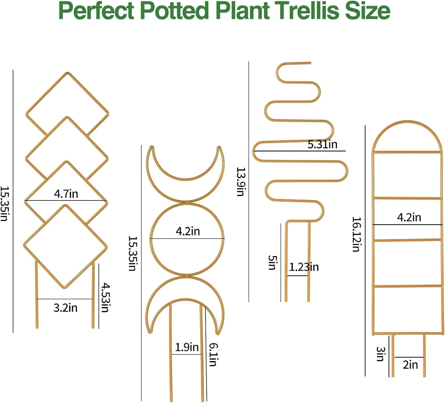 Indoor Plant Trellis for Potted Plants, 16inch Gold Small Trellis for Climbing Plants Outdoor Garden Metal Trellis with Different Patterns for Vine Ivy Flower Plant Support 4 Pack