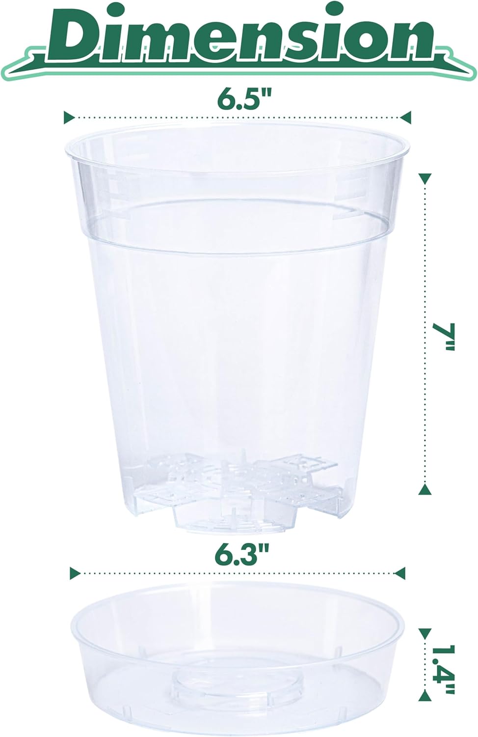 1 Gallon 6 Inch Clear Plastic Plant Pot with Drainage Holes, Interlocking & Detachable Tray - Deep Saucer - Durable BPA-Free Plastic, Transparent Design, Raised Base for Airflow, Set of 12, 92-X-B-6