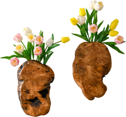 JOLLYMER 2-Pack Cedar Wood Live Edge Wall Vases – Natural Edge Hanging Flower Vase, Organic Root Carved, Rustic Home Décor, Handcrafted Wall Mounted Wooden Vase (Flowers Not Included)
