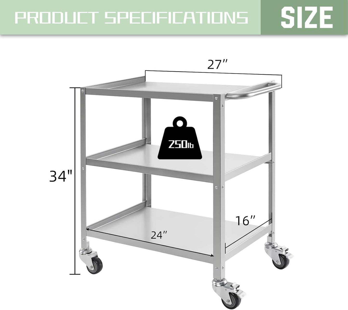 Hally Stainless Steel Utility Cart 3 Tier NSF Commercial Heavy Duty Metal Mobile Food Rolling Cart with Handle and Wheels for Kitchen, Restaurant, Hospital, Laboratory and Home, 24" L x 16" W x 34" H