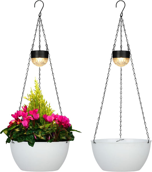 2 Packs Solar Hanging Basket Planters for Plants Outdoor, Self Watering White Flower Plants Pots with Solar Light Drainer for Balcony Patio Garden Outdoor Decoration