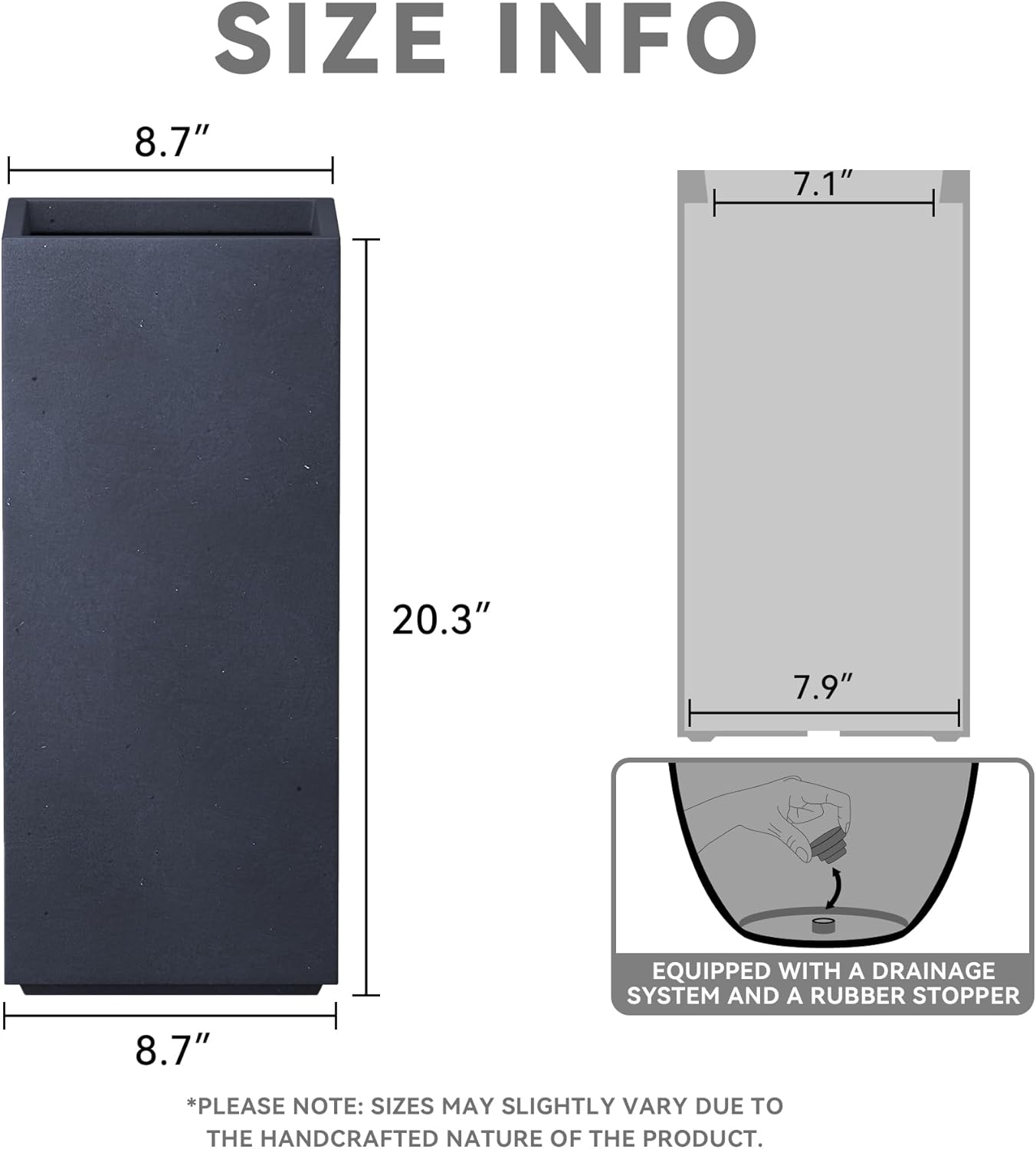 Kante 20.3" H Tall Rectangular Concrete Planter, Modern Square Diameter Plant Pot with Drainage Hole and Rubber Plug for Indoor Outdoor Home Patio Garden, Charcoal