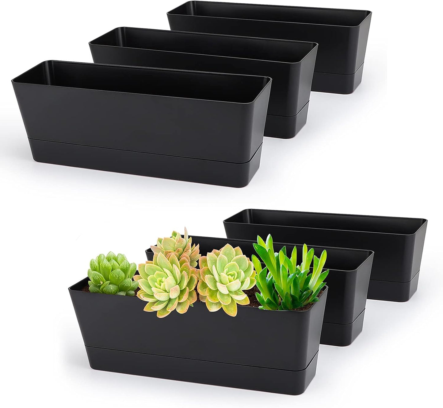 GREANER 6 Pack Herb Planters, 12x3.8 Inch Black Rectangle Window Boxes with Tray, Indoor Succulent Cactus Mint Plastic Pot for Windowsill, Balcony, Office, Outdoor Garden