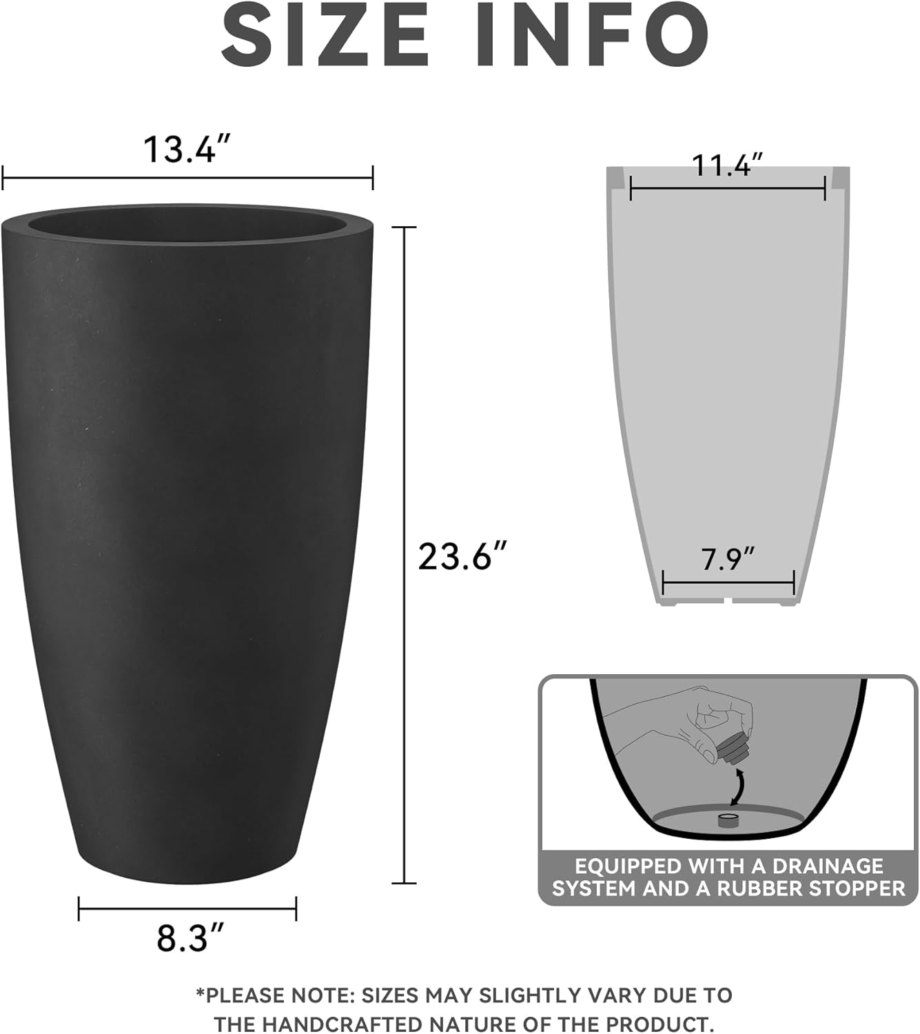 Kante 23.6" H Black Finish Concrete Tall Planters Large Outdoor Indoor Decorative Plant Pots with Drainage Hole and Rubber Plug, Modern Tapered Style for Home and Garden
