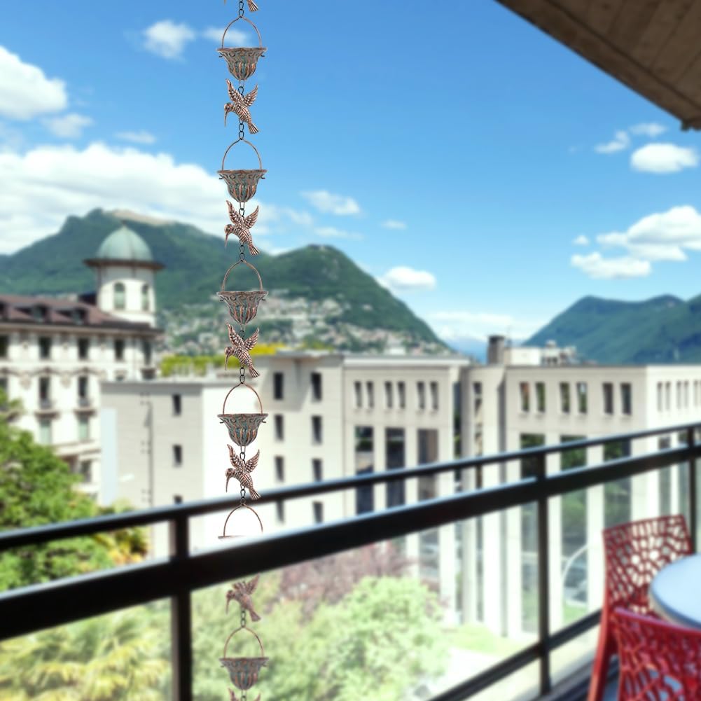 Rain Chain for Gutters, 8.7 Ft Rain Chains with 12 Cups & Detachable Hummingbird Decor, Adjustable Rain Catcher Chain with Bell for Eaves Drainage, Replacement for Downspout