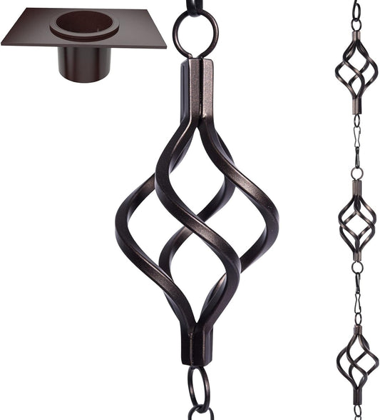 Rain Chain Bird Cage Set 8.5Ft, Not Rust Wrought Iron Rain Chains for Gutters with Adapter Gotta Drain and Sturdy Anchoring Stake,13 Cups, 1 Hook, Adjustable Length for Garden Decorative (Coffee)