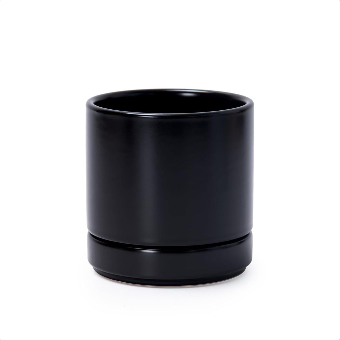 D'vine Dev 4.7 Inch Ceramic Planter Pot with Drainage Hole and Saucer, Indoor Cylinder Round Planter Pot, Black, 94-O-B-2