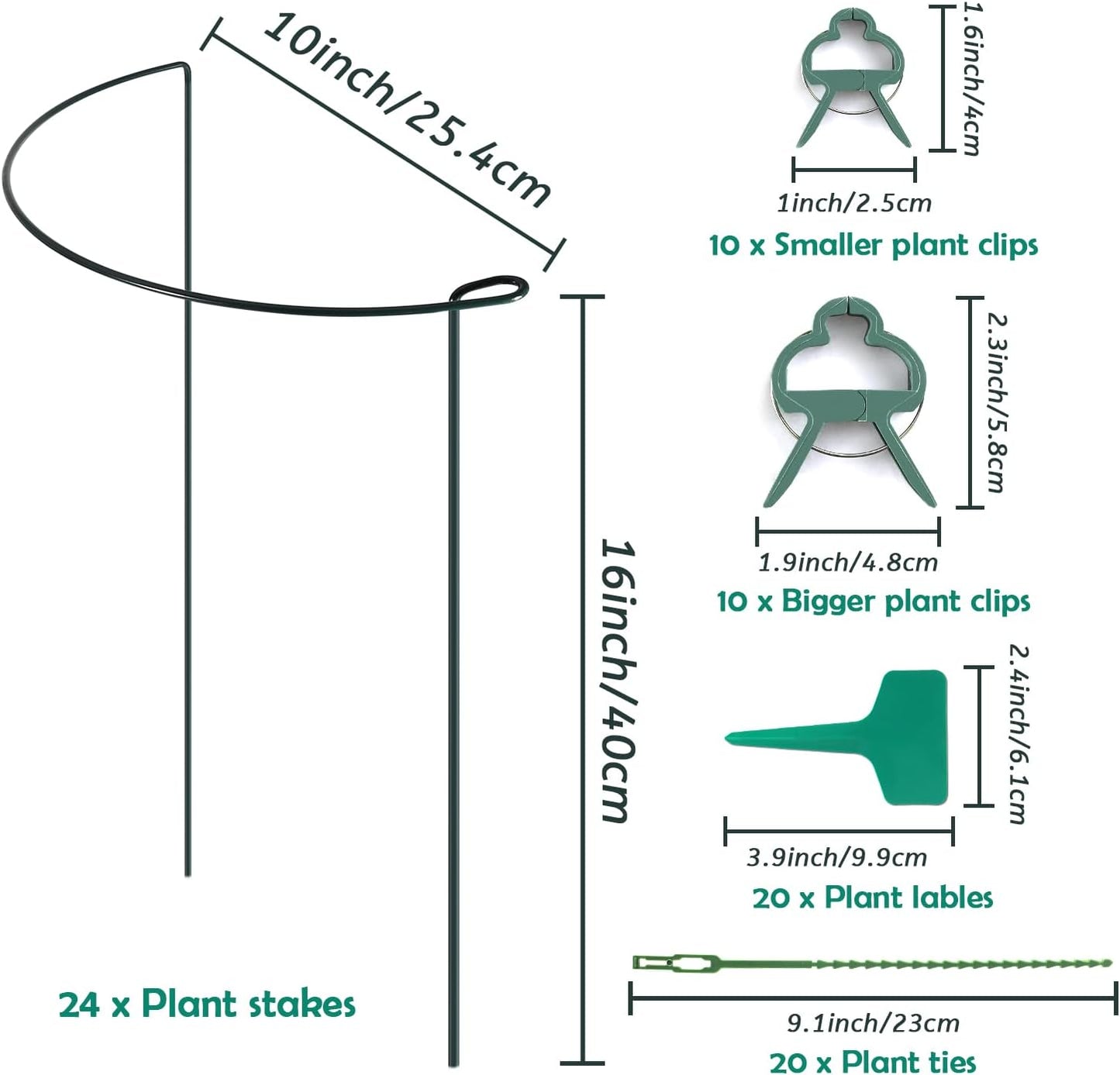 24 Pack Plant Support Stake, Half Round Metal Garden Plant Stake, Green Plant Support Ring, Border Support with Plant Lables & Plant Clips for Outdoor Indoor Plants, Vegetable, Flowers