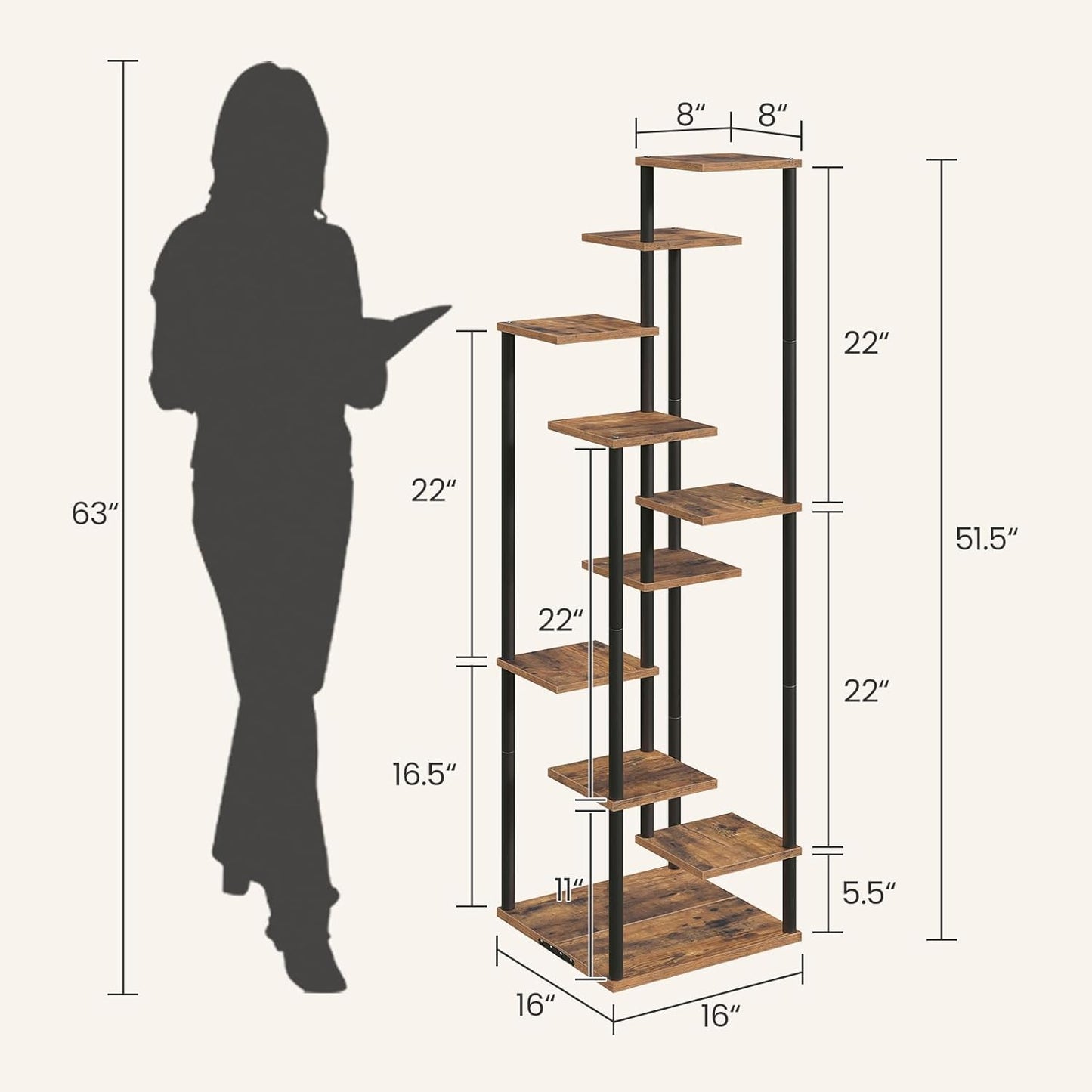 10 Tier Plant Stand Indoor, Tiered Corner Plant Shelf Flower Stand for Living Room, Balcony, Patio, Garden, Rustic Brown and Black