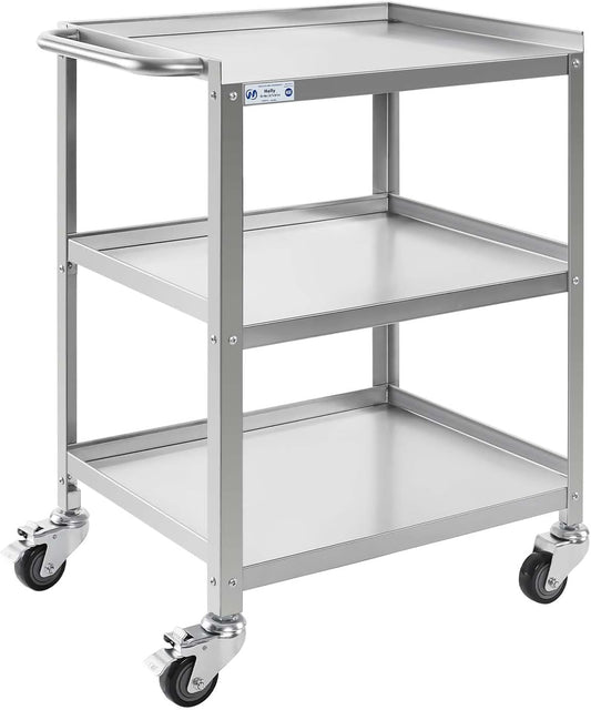 Hally Stainless Steel Utility Cart 3 Tier NSF Commercial Heavy Duty Metal Mobile Food Rolling Cart with Handle and Wheels for Kitchen, Restaurant, Hospital, Laboratory and Home, 24" L x 16" W x 34" H