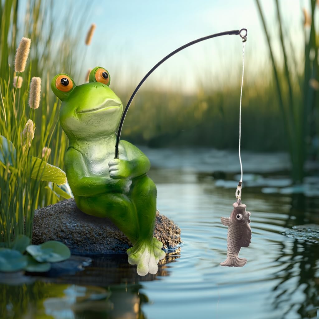 Frog Fishing Statue Garden Decor – 9.8" Weatherproof Resin Frog Fishing Sculpture Decor for Fish Ponds, Koi Ponds, Waterfalls, Poolside & Outdoor Gardens– Resin Figurine for Indoor & Outdoor Décor