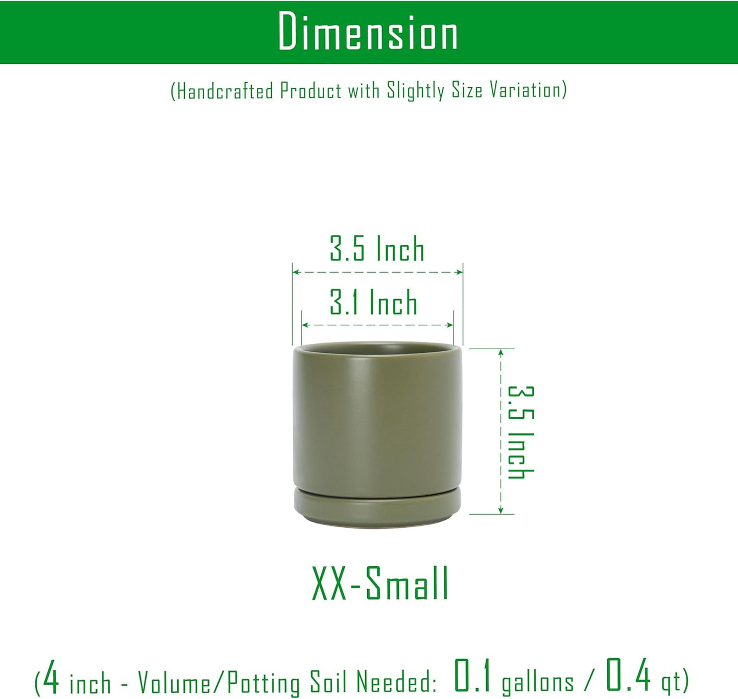 D'vine Dev 3.5 Inch Ceramic Planter Pot with Drainage Hole and Saucer, Indoor Cylinder Round Planter Pot, Olive, 94-O-A-J