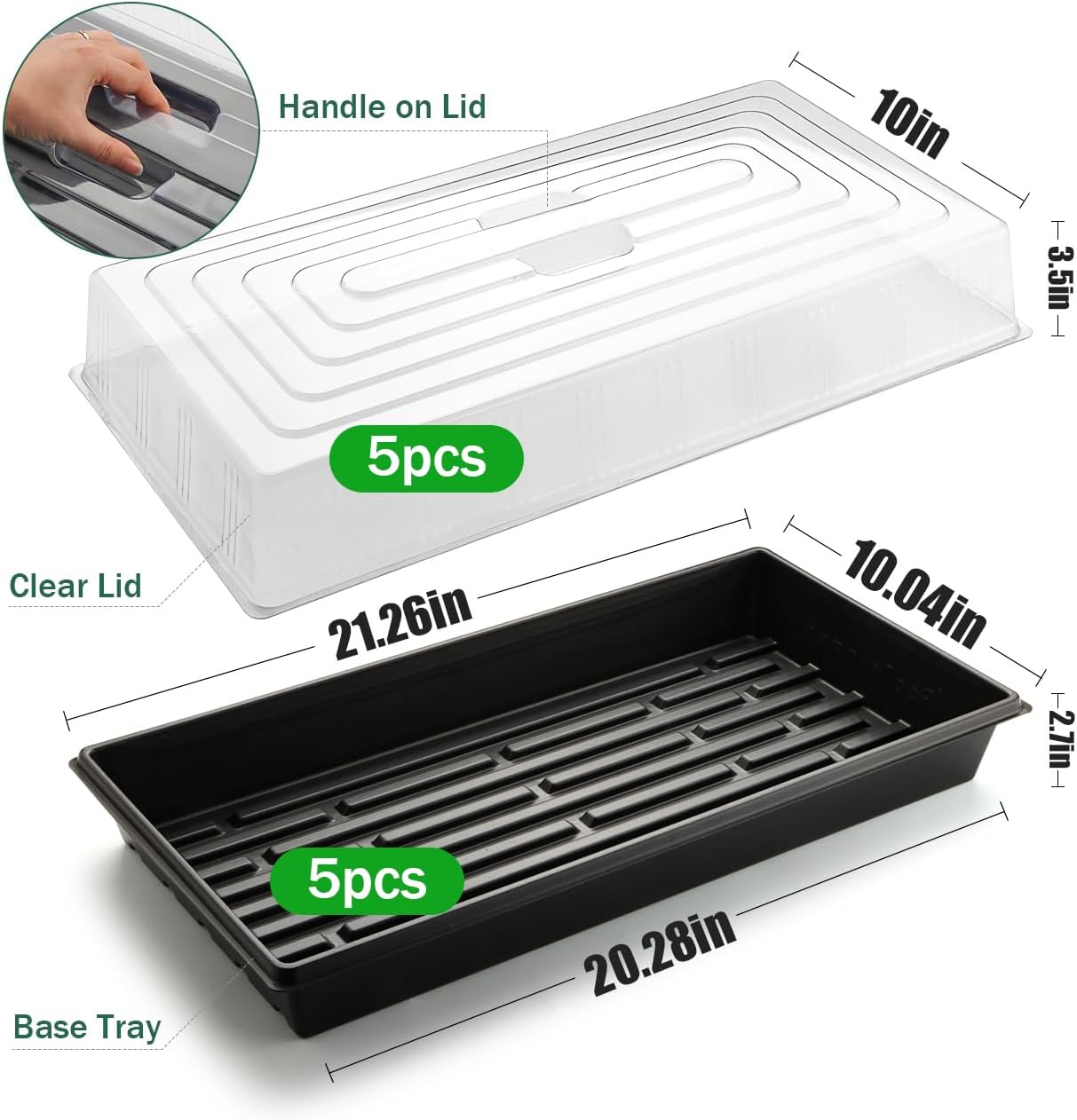 5-Pack 1020 Seed Trays with Humidity Domes - Reusable Heavy Duty Plant Propagation Trays, 3.6" 1020 Clear Greenhouse Covers & Handle for Seedlings, Cloning, Microgreens (No Holes Design)