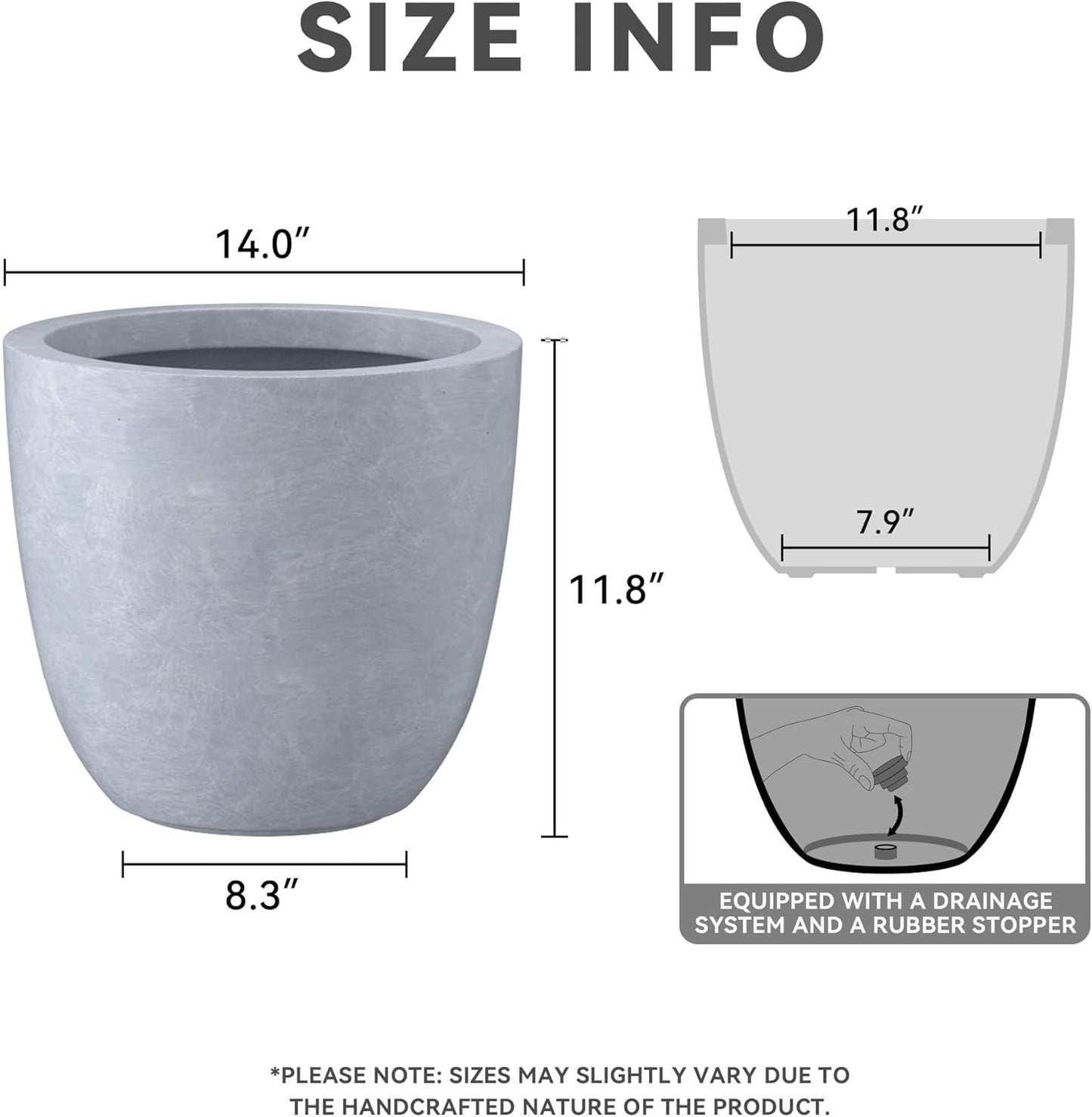 Kante 14 Inch Dia Round Concrete Planter, Indoor Outdoor Large Plant Pot with Drainage Hole and Rubber Plug for Home Patio Garden, Gray
